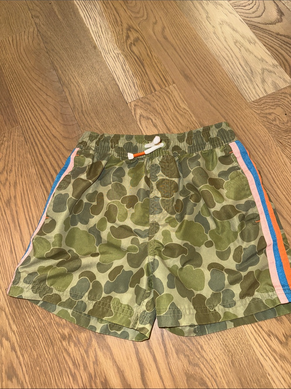 Mini Boden Green Camo Swim Trunks with Pink, Blue & Orange Side Stripes